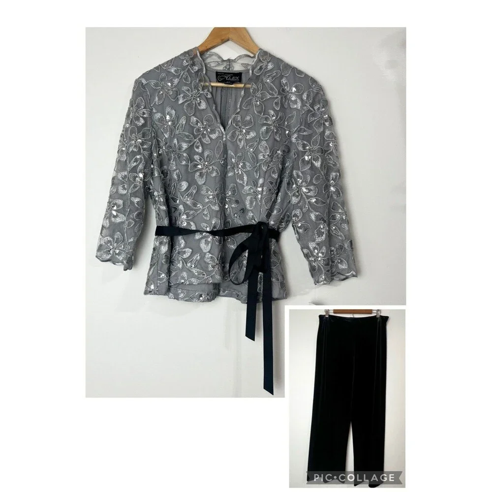 NWT Alex Evenings Set Formal Silver Floral Lace Top Black Velvet Pants Size XLP